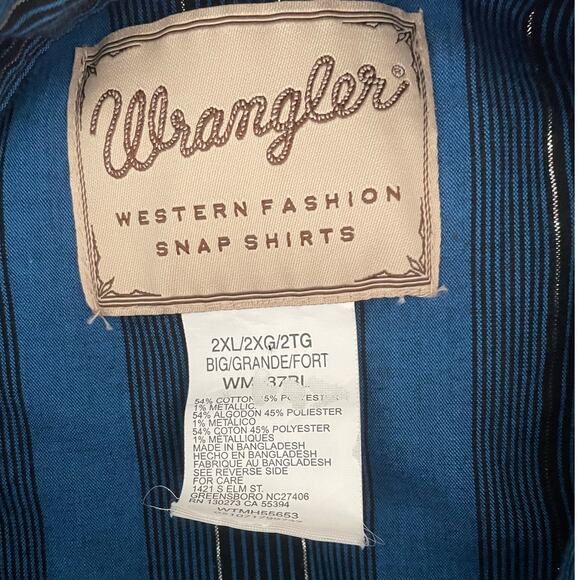 Wrangler Mens Shirt 2X Blue Stripe Metallic Pearl Snap Western Rodeo Cowboy - Picture 2 of 12